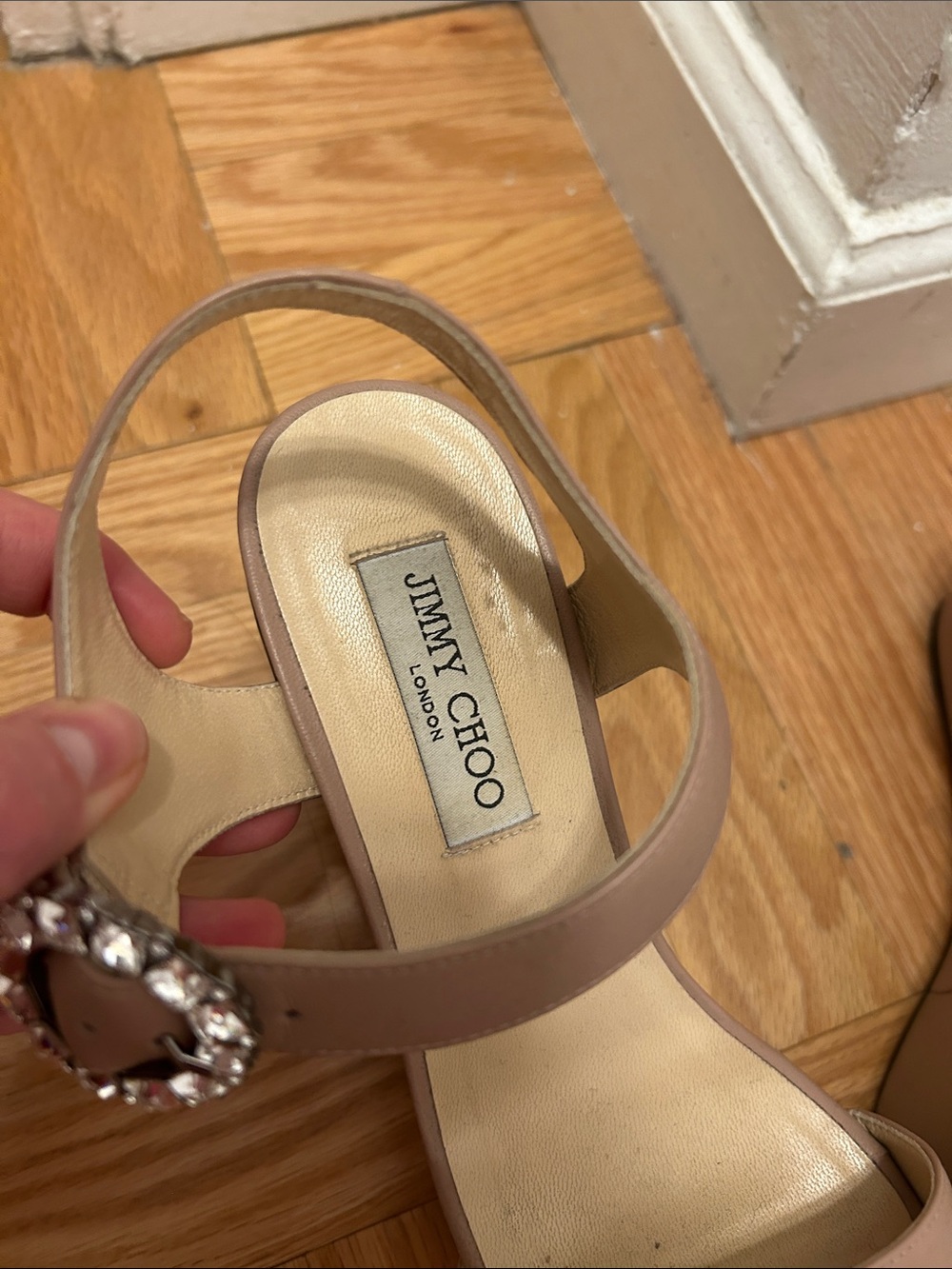 Jimmy Choo Nude Taupe Leather Wedge Sandals with Crystal Buckles - Picture 3 of 13
